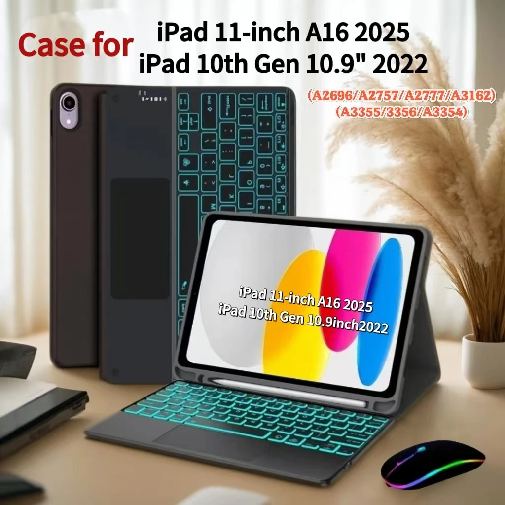 Coque pour iPad A16 11 pouces 2025 A3355 A3356 A3354, housse de clavier amovible pour iPad 10e 10.9 pouces 2022 A2696 A2757 A2777 A3162