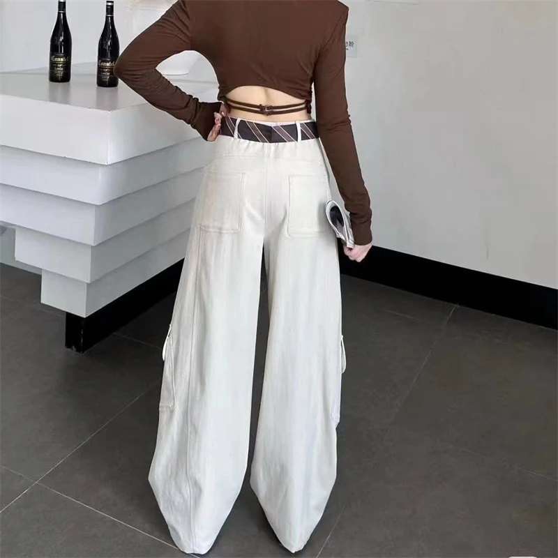 جديد خريف 2025 سراويل نسائية عالية الخصر واسعة الساق منحنية y2k تصميم حزام عالي الجودة ملابس عمل متعددة الجيوب سراويل أرضية