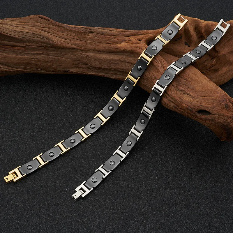 10mm Punk Gold Color Stainless Steel Chain Zircon Bracelet For Men Women Black Ceramic Health Care Magnetic Bangle Jewelry