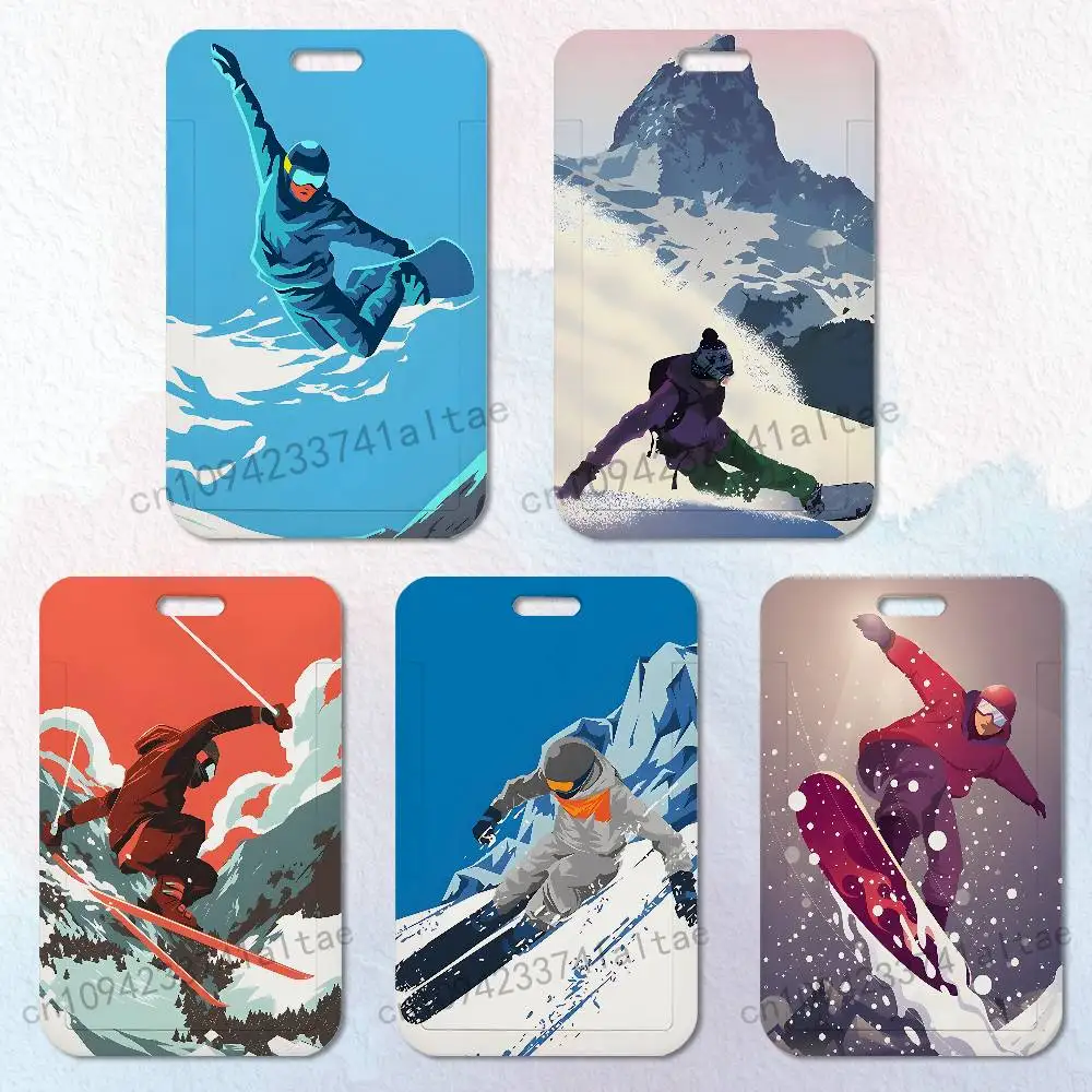 

Cartoon Snowboarding Sports Card Holder Durable With Carabiner Name Tag Vertical ID Badge Holders Credentials Protection