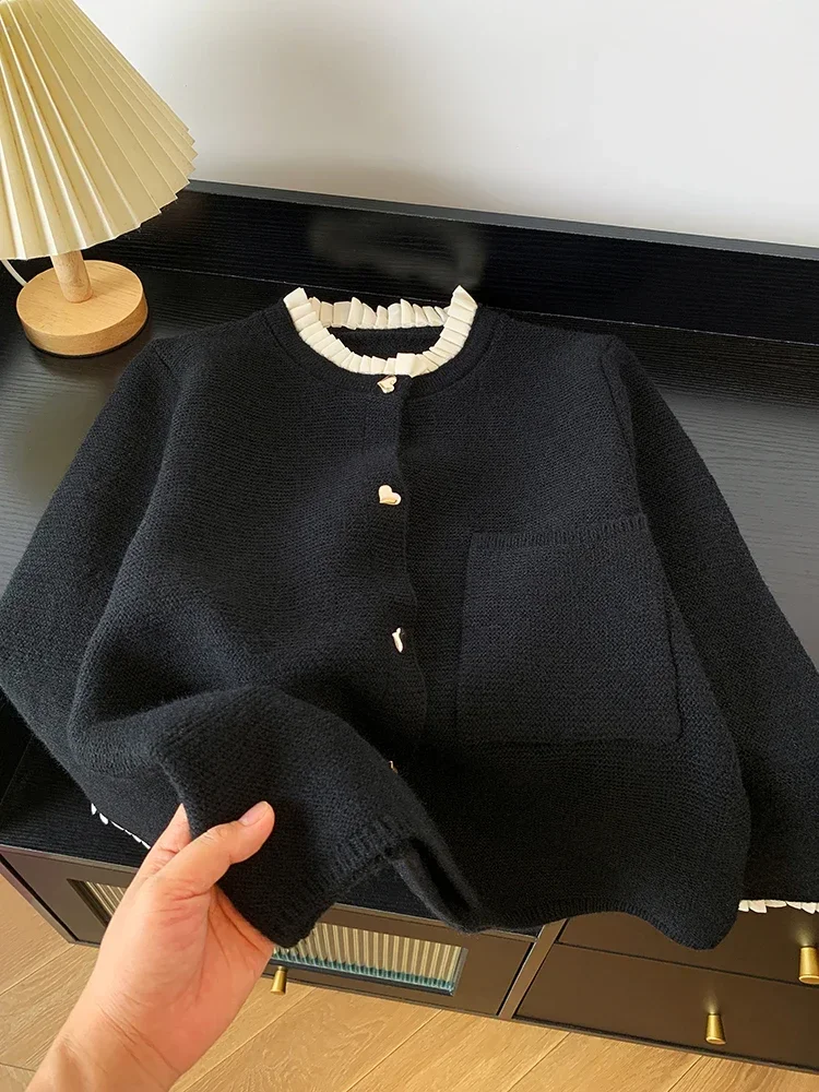 Love Button Knitted Cardigan Jacket Coat Lazy Style Sweet Fashion Sweater Tops Women\'s Clothing 2024 Autumn New