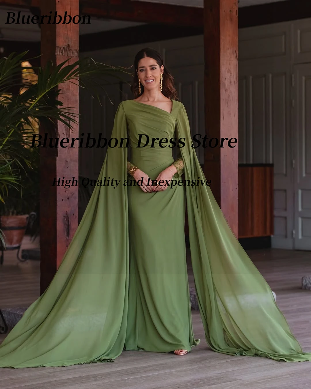 Blueribbon Saoedi-Arabië Galajurken Kralen Lange Mouwen Flutters Avondjurk Rits Terug Robe Des Soiree Aangepast