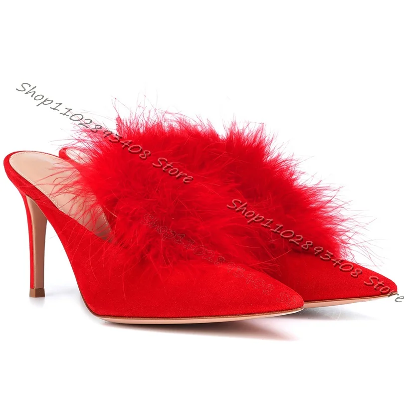 Red Fur Decor Flock Stiletto Slippers Slip on Pointed Toe Cut Heel Shoes Women Spring New Fashion Slippers Zapatos Para Mujere