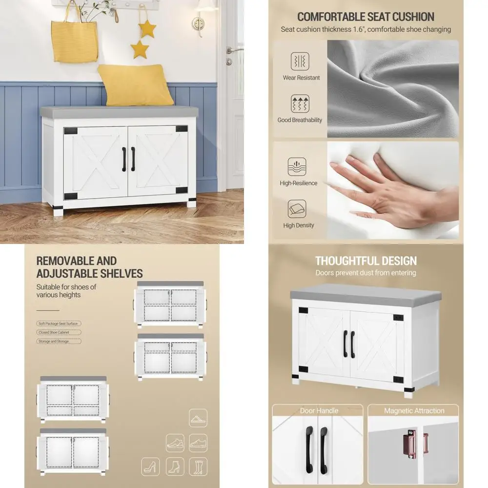 

2-tier padded entryway shoe bench with barn door storage & adjustable shelf