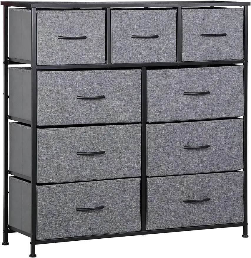 9 Drawers Dresser,Fabric Storage Tower, Organizer Unit Tall Chest with Fabric Bins, Steel Frame, Wooden Top & Easy Pull Handle