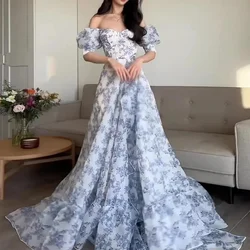Embroidered Yarn Evening Dress Heart-Shaped Collar Off-The-Shoulder Formal Occasion Dress Exquisite Printed Ball Dress