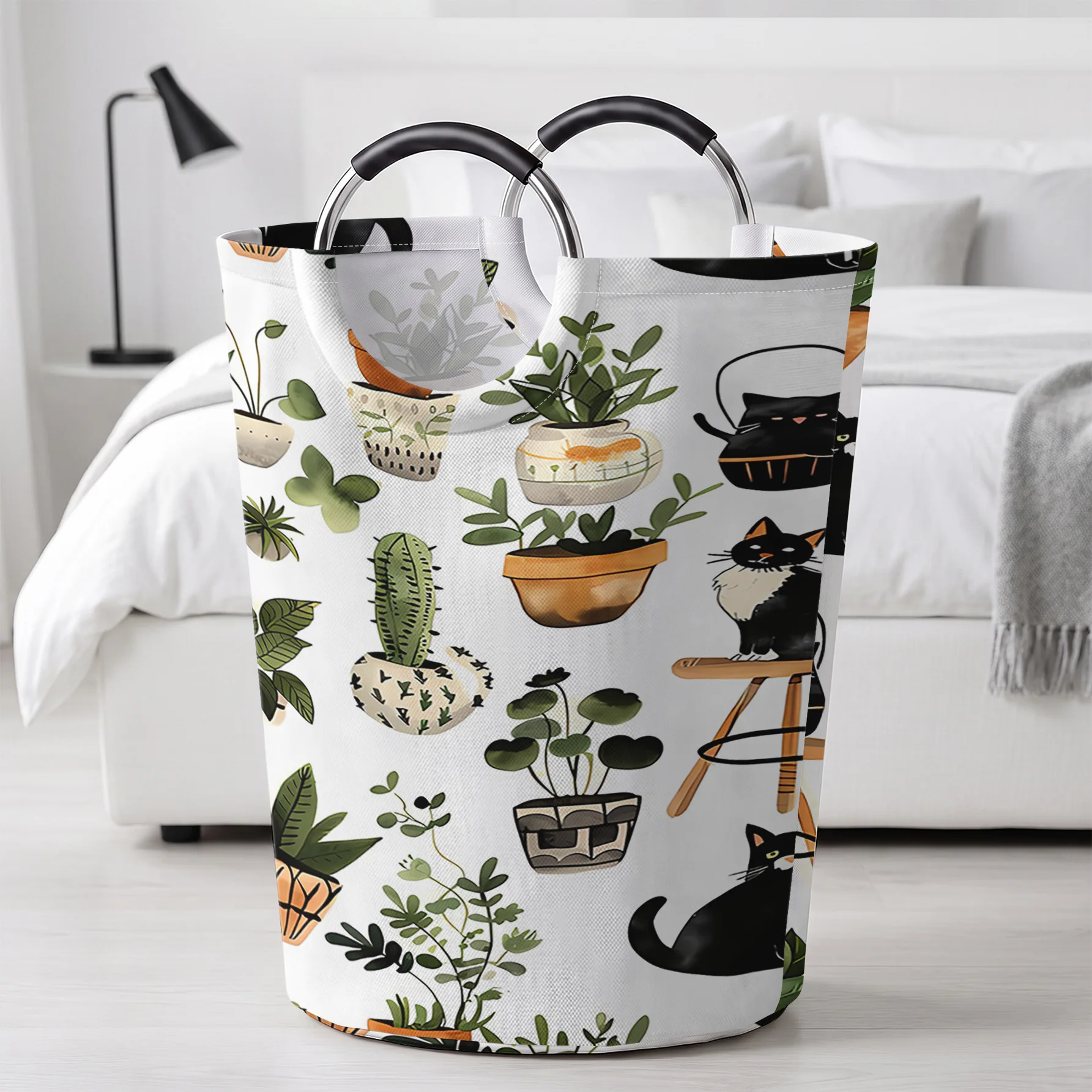Black Cats & House Plants All Over Print Handheld Storage Basket, For Laundry, Bedroom & Home Sundries Storage