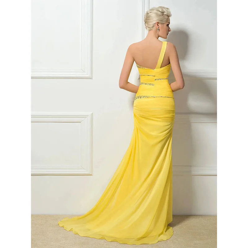 Vestido de noche de sirena con un hombro al aire para mujer, traje largo plisado con cuentas, Espalda descubierta, color amarillo, Formal, moderno, para fiesta y eventos