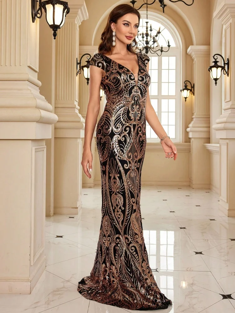 Elegant V คอสีดําเลื่อมชุดราตรี 2025 ผู้หญิงหรูหราแขนกุด Maxi ชุดนางเงือกหรูหราชุดราตรีชุด