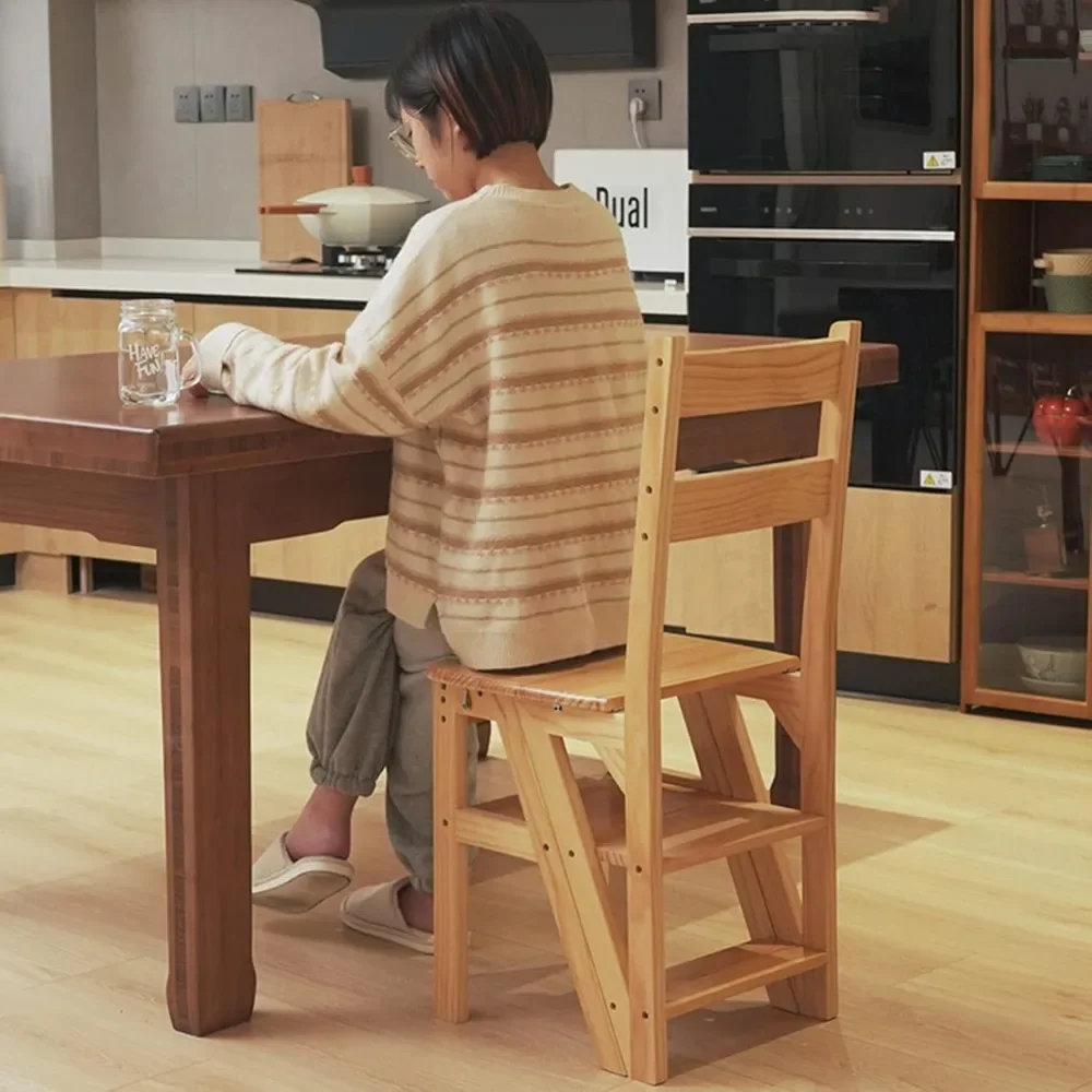 

Solid Wood Folding Library Ladder Chair - 4-Step Stool Dual Purpose Stepladder - Climb Display Stand Flower Stand