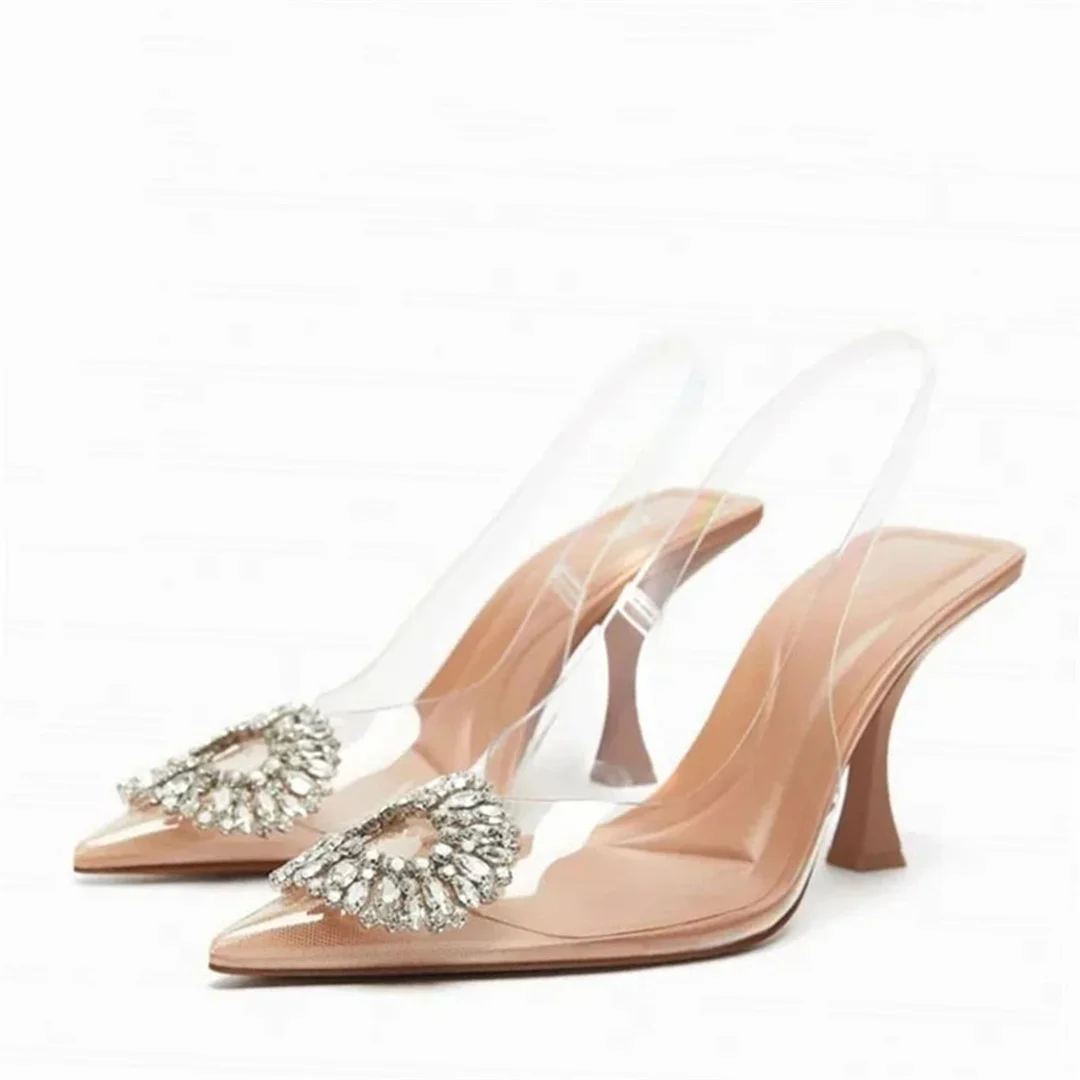 TRAF Luxury Flower-Rhinestone High Heels Pump Women Point Head Spike Heel Slingback Shoe Transparent Upper Lady Sandal For Women