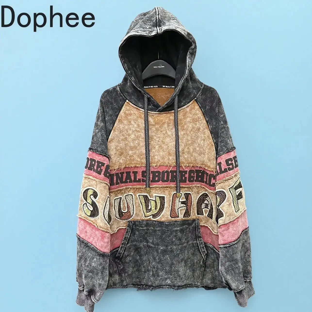 

High Quality New Autumn Long Sleeve Sweatshirt Colorblock Embroidery Letters Loose Hooded Pullover Top All-match Female Hoodies