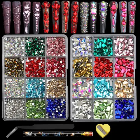 2 scatole 12 griglie di strass in vetro piatto 12 forme di diverse dimensioni gioielli misti multicolore rubinetto rotondo misto multicolore e multi