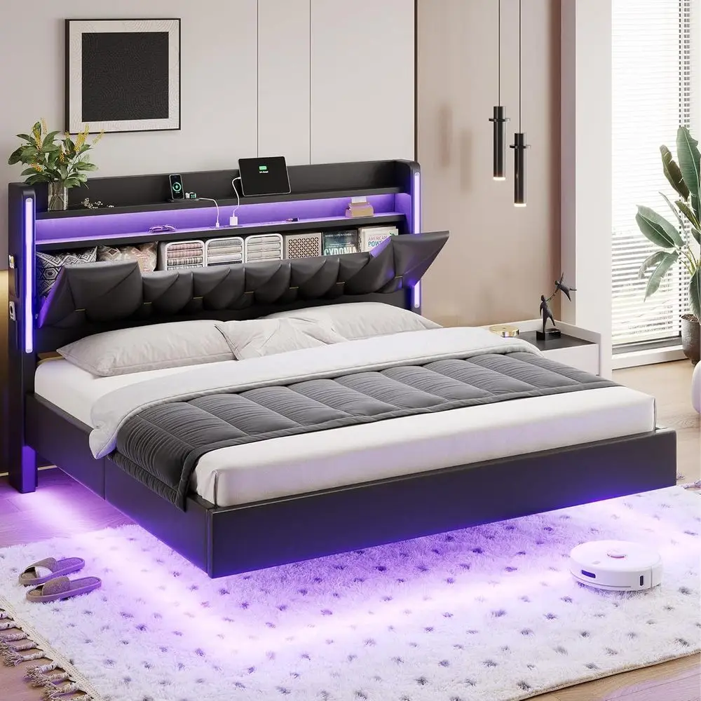 

Плавающая кровать King Size с изголовьем из искусственного меха, скрытым хранилищем, зарядной станцией, 2 USB-портами, LED-подсветкой и отделкой из искусственной кожи
