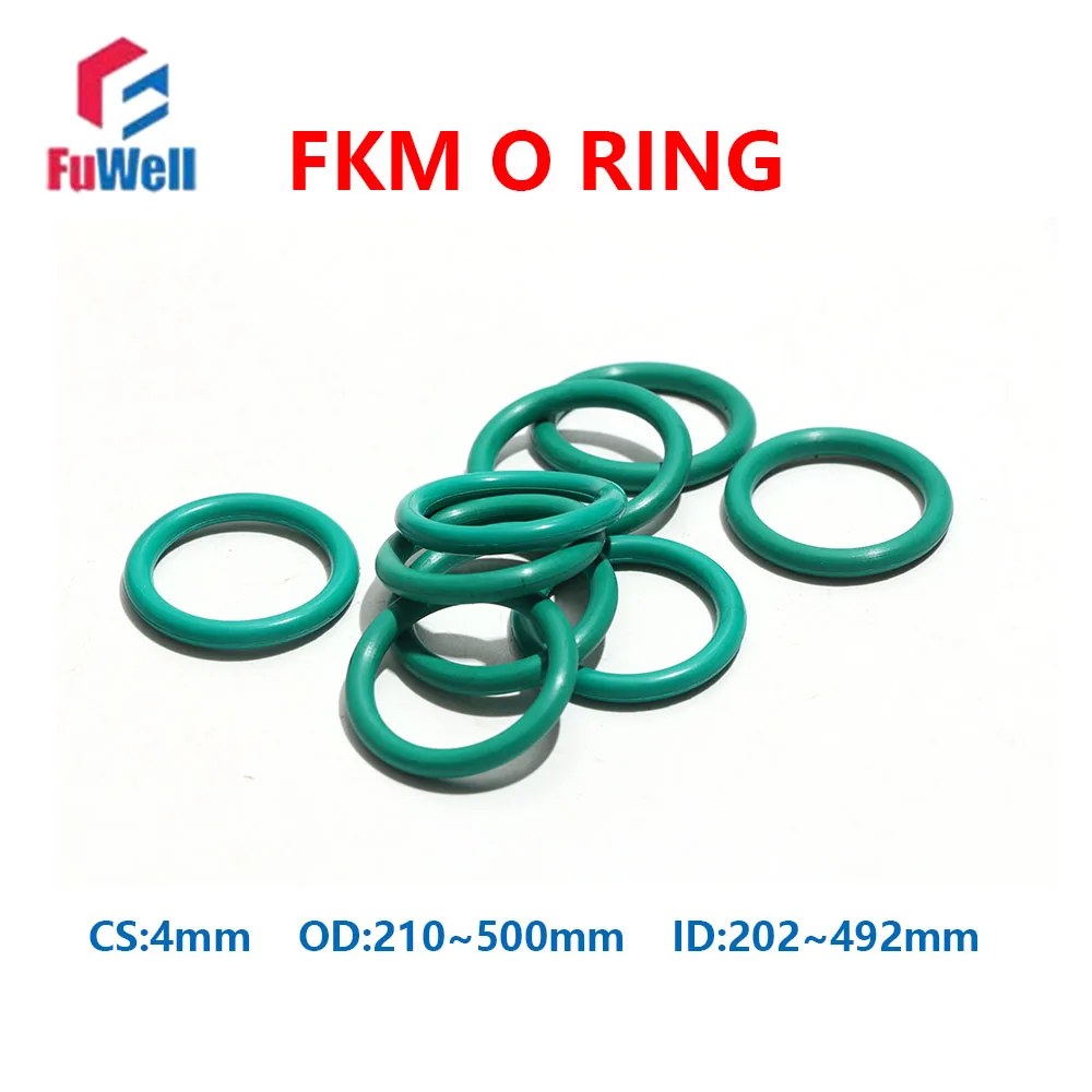 

Fuwell 10pcs CS 4mm FKM O Ring OD 210~500mm Sealing Gasket Insulation Oil Resistance Fluorine Rubber O Ring Green Leakproofness