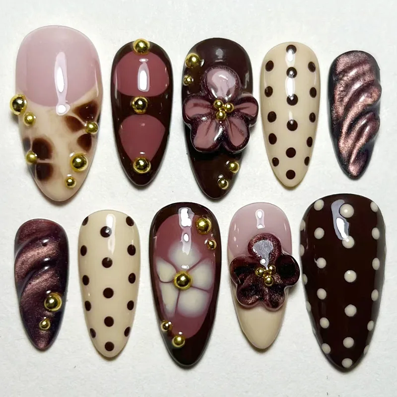 24pcs French Brown Press on Fake Nails Finished Flower Gold Bead Full Cover Long Almond False Nails Acrylic Polka Dot Manicure