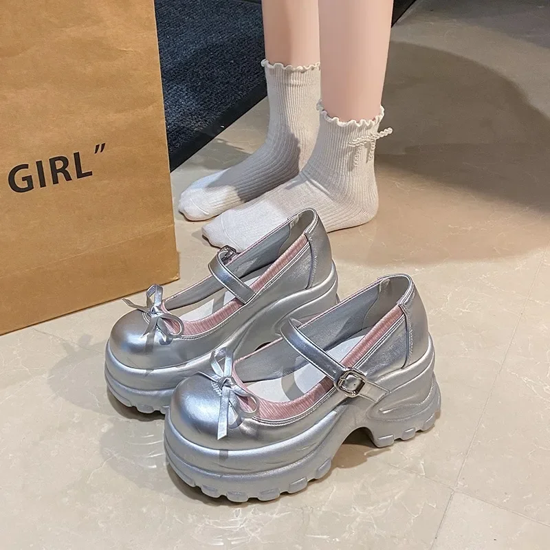 8.5CM New Autumn Chunky Platform Butterfly-Knot Sneakers Women Punk Thick Bottom Pumps Patchwork Non Slip Walking Casual Shoes