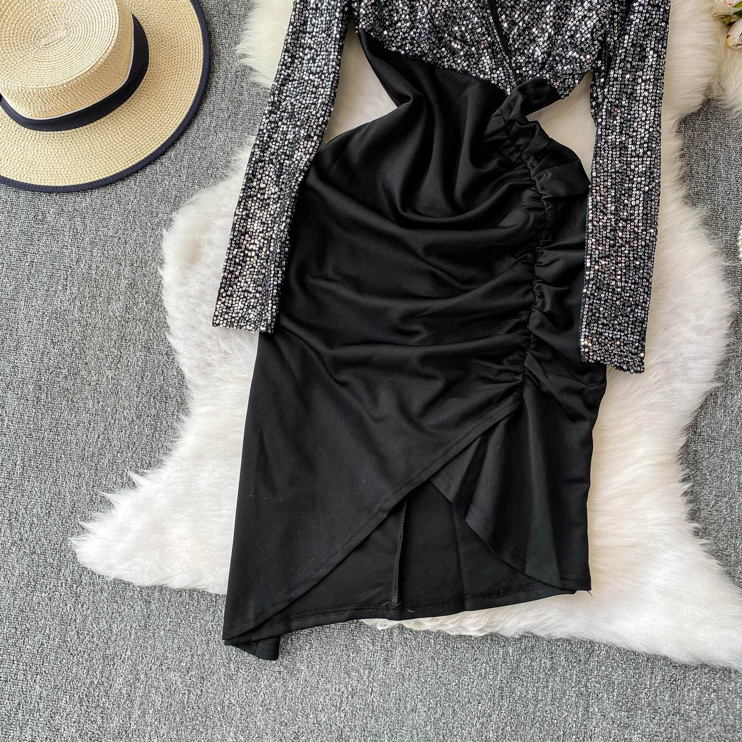 Chic vintage sexy scollo a V incrociato manica lunga slim elegante fata moda coreana Boho vestito estivo abbigliamento donna