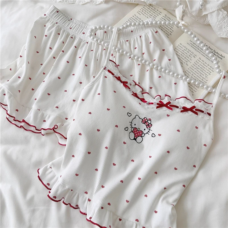 

Women's Pajamas Hello Kitty Comfort Vest And Shorts Set Anime Cute Girl Casual Summer Suspender Shorts Set