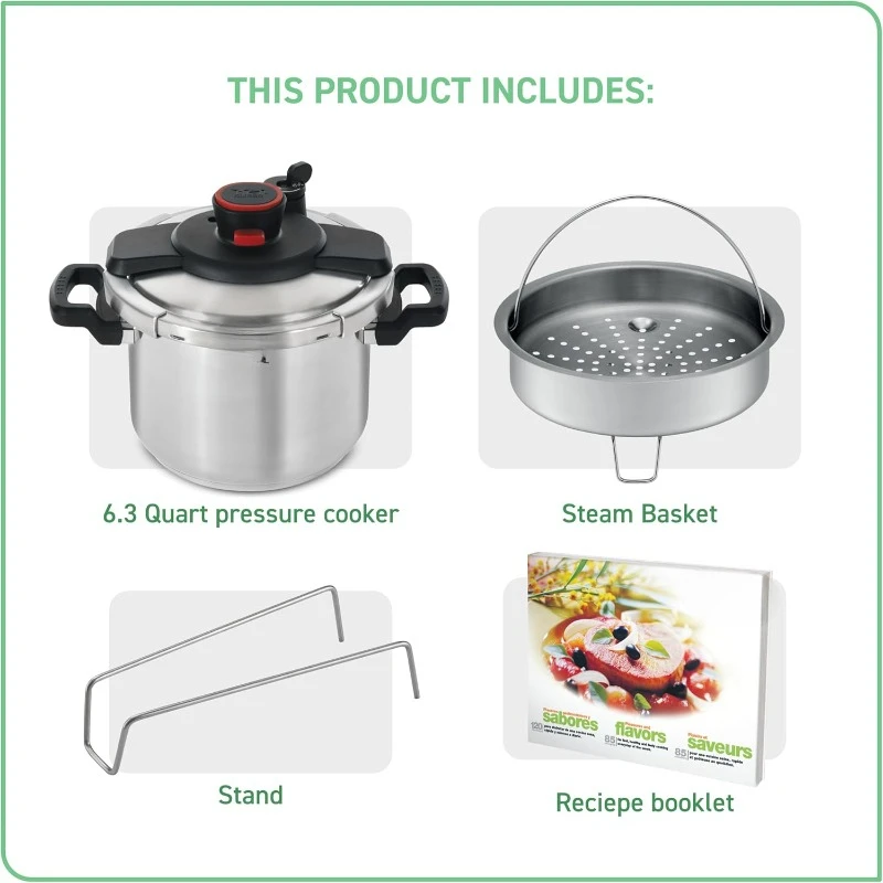 Stainless Steel Pressure Cooker 6.3 Quart, Induction , Secure locking System, One Hand System, Recipe Book Included