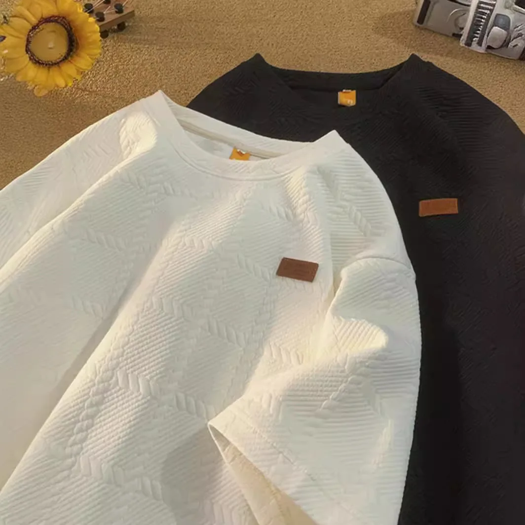 

Текстурированная жаккардовая тяжелая футболка с короткими рукавами, мужская летняя трендовая свободная футболка больших размеров с круглым вырезом, повседневная с половиной рукавов