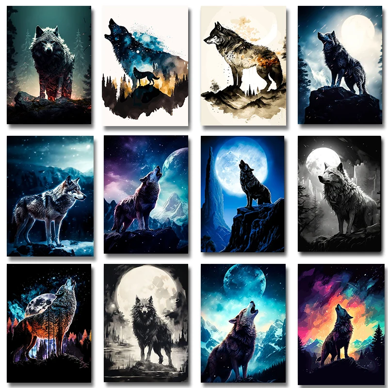 Black White Wolf Howl Moon Art Posters and Prints Canvas Painting Wild Animal Wall Art Picture for Living Room Home Decoration