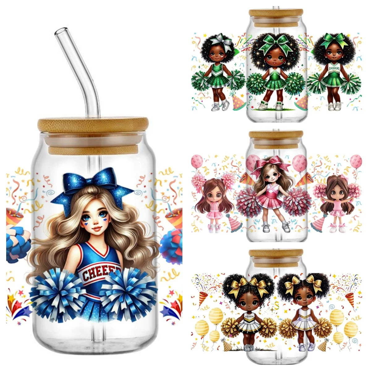 3D Cute Cheerleaders Decal UV DTF Cup Wrap for 16oz Libbey Glasses DIY Cheering Squad Washable Cup Trainer Sticker