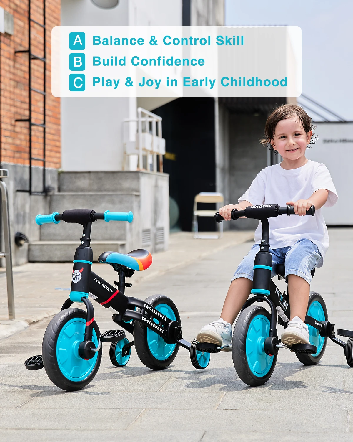 UBRAVOO Tiny Scout Balance Bike 3 4 5 anni, 4-in-1 con ruote e pedali di supporto opzionali, sella regolabile in altezza, JL102