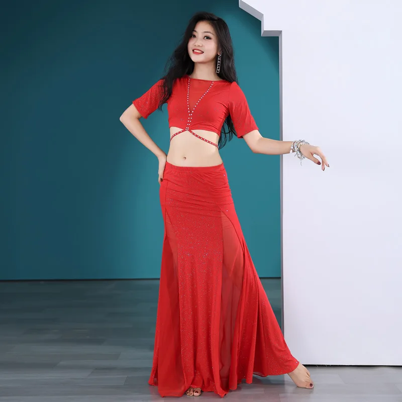 Belly dance, summer practice clothes, fishtail skirt set, water yarn, oriental dance table performance clothes, group clothes