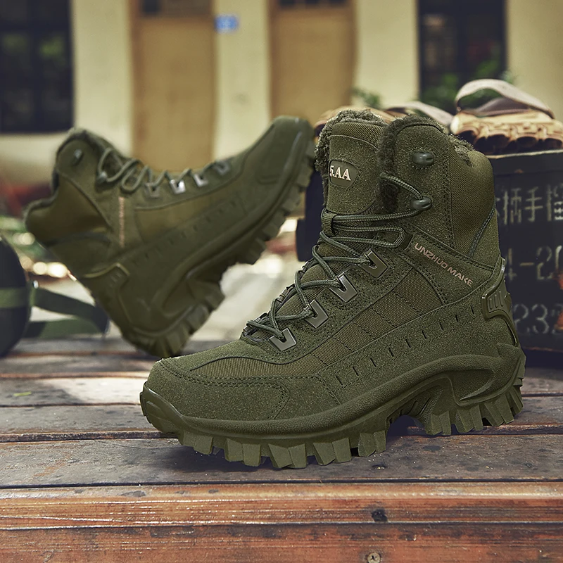 Army Shoes Men Winter Warm Fleece Military Delta Special Force Tactical Desert Combat Ankle Work Shoes Leather Snow Male Boots