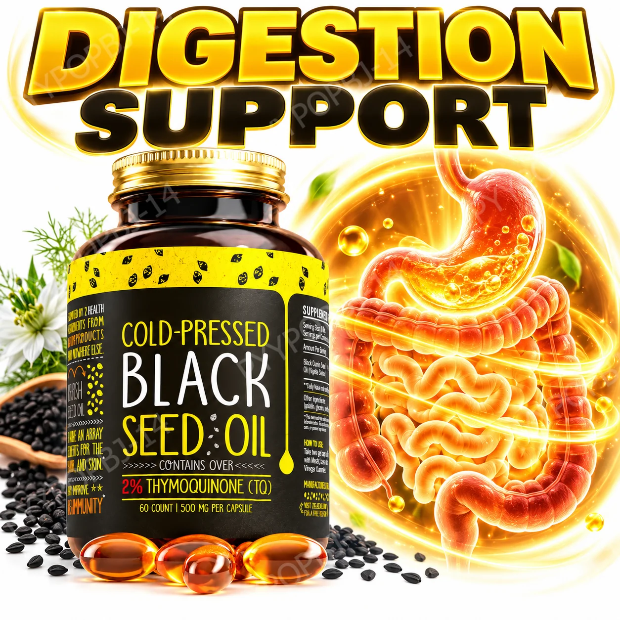 Cold-Pressed Black Seed Oil Softgels,Digestion Support,Joint Comfort,Immune Wellness,Nigella Sativa Oil 2% Thymoquinone,60 Count