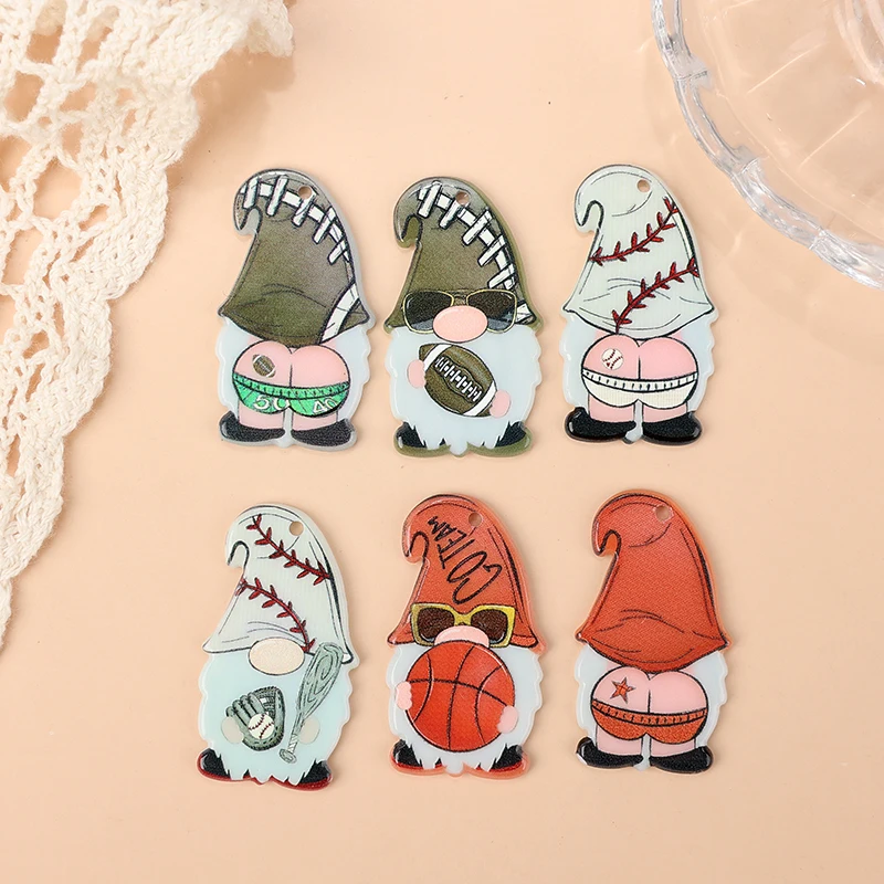 6Pcs Sport Gnome Charms Creative Acrylic Basketball Baseball Rugby Pendant For Necklace Earring DIY Making Accessories