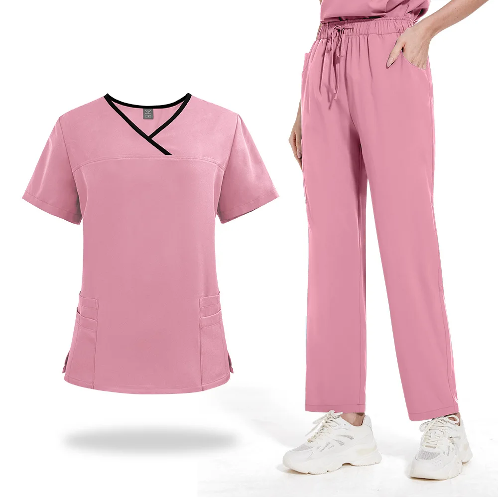 

Color Block Washed Shirt Loose Comfortable Medical Straight Lab Coat Short Sleeve Long Pants Two Piece Set Unisex Nurse Uniform