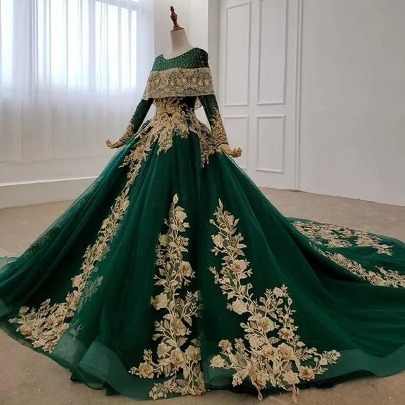 Dark Green Elegant Prom Dress Decal Long Sleeve Formal Party Performance Dress Customized for Dubai Evening Dress in Saudi Arabi