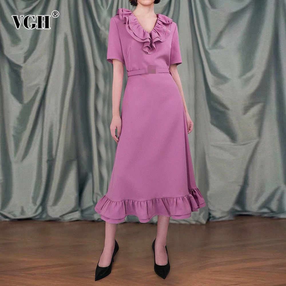 

VGH Elegant Oiffce Patchwork Ruffles Midi Dress for Women V Neck Short Sleeve High Waist Spliced Belt Temperament Dresses Female