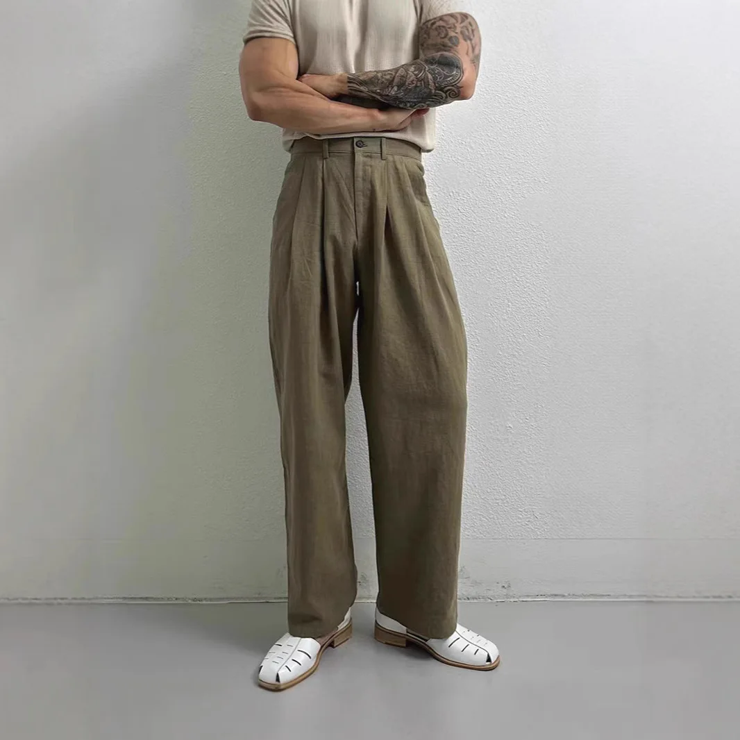 

2025 men's cotton and linen double pleated design loose straight trousers with back elasticated hidden button linen trousers