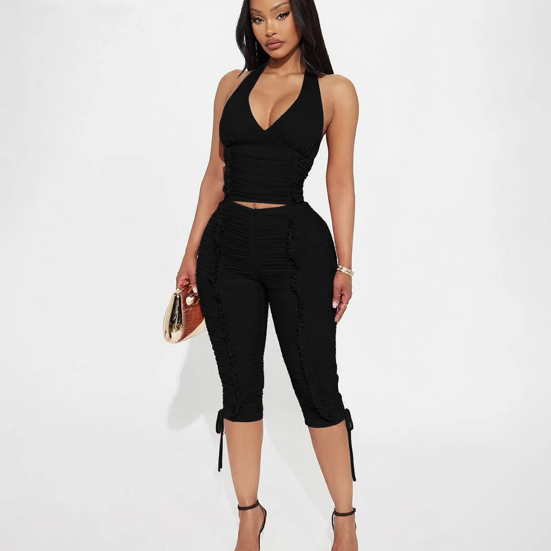 

Women Solid Shirring 2 Piece Set Sexy V Neck Lace Up Halter Backless Tank Crop Tops + Drawstring Ruched Knee Length Pants Suits