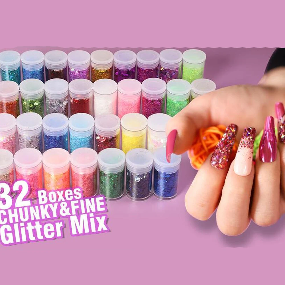 3g * 32 botellas láser para decoración de uñas, lentejuelas brillantes, Holo, hexágono mezclado, copos gruesos y finos Xams, cuerpo brillante/ojos/cara/polvo decorativo para manicura