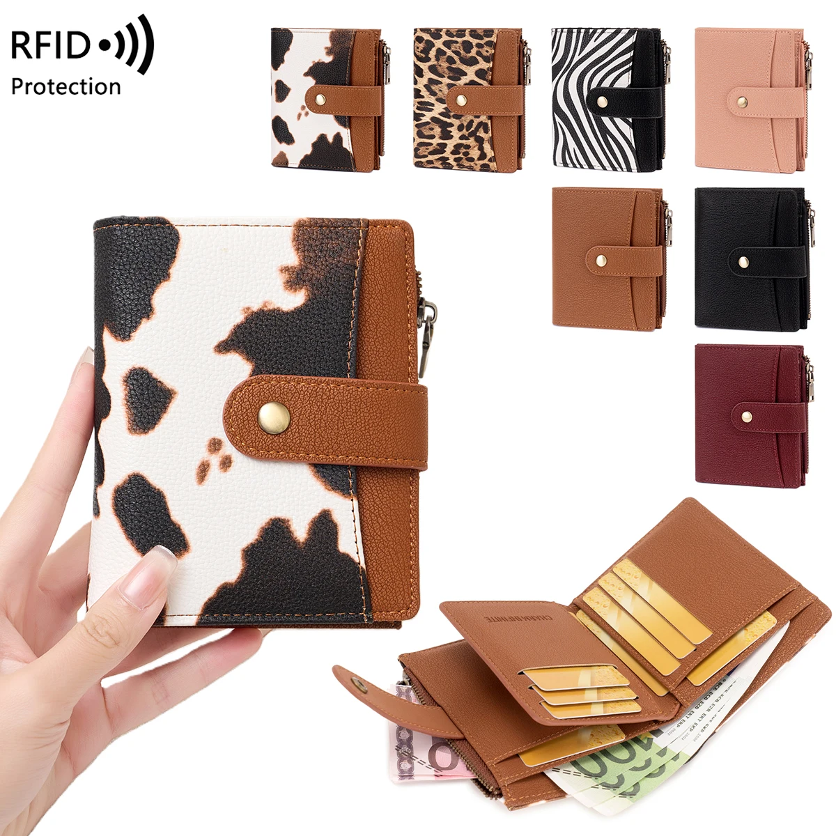 

Женский кошелек с RFID-защитой, двойной складной монетницей, застежкой-молнией и кнопкой, короткий, в тон, маленький кошелек-портмоне