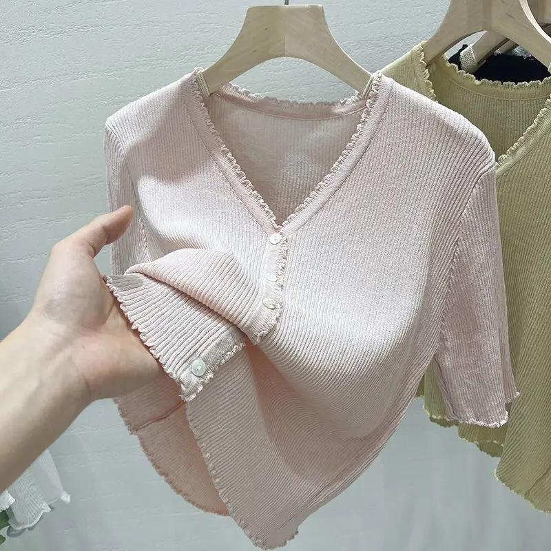 Women Clothing Chic V-neck Pleated Edge Short Sleeve T-shirt Summer Casual Loose Solid Knit Cardigan All-match Short Button Tops