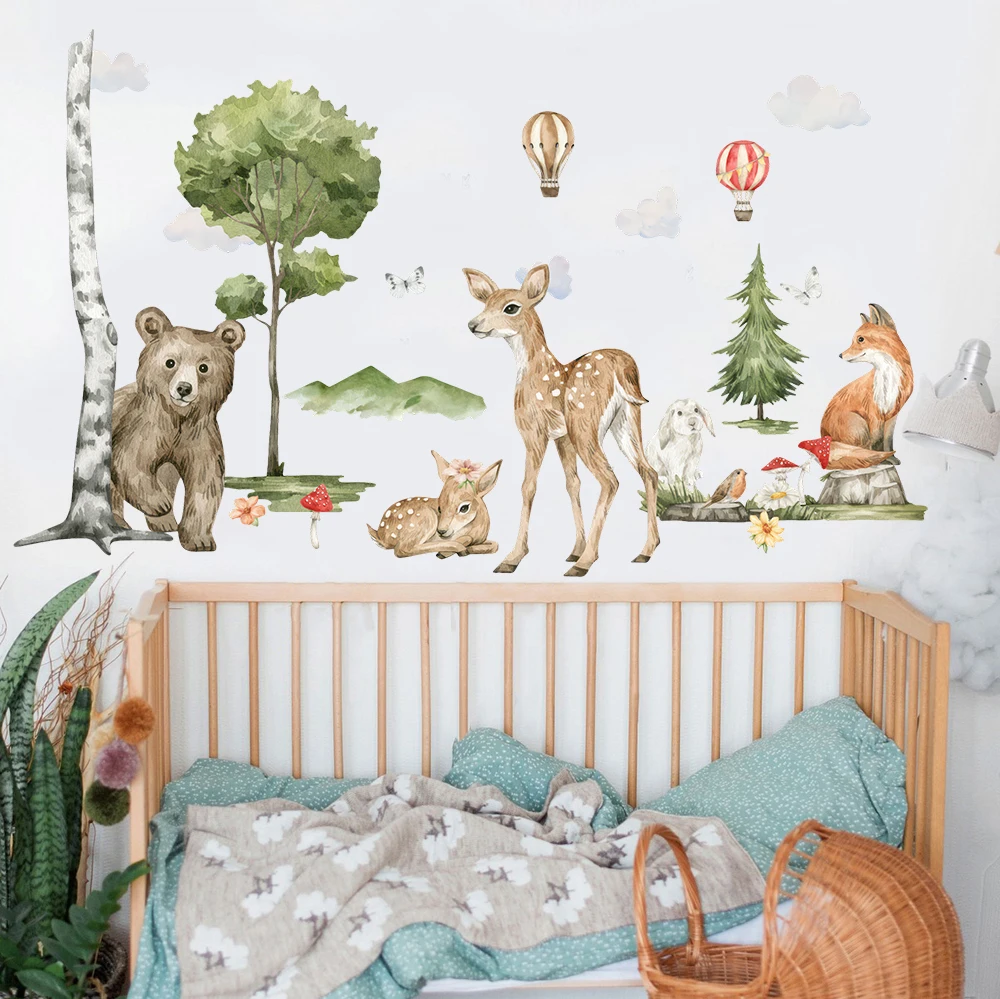 Large Watercolor Animal Forest Wall Sticker Deer Beer Fox Tree Air Balloon Wall Decal Bedroom Living Room Home Decor
