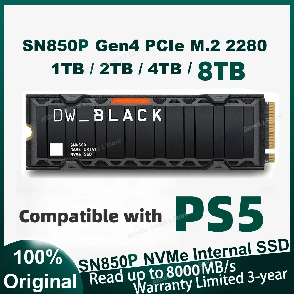 Western Original SSD avec dissipateur thermique pour Playstation 5, disque SSD, ordinateur de jeu, noir, SN850P, M.2, NVMe, PCIe, 4.0, 2280