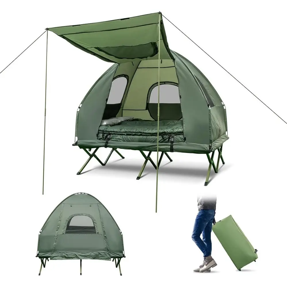 

2-Person Elevated Camping Cot Tent with Awning, Air Mattress, Sleeping Bag, and Carrying Bag for Outdoor Adventures