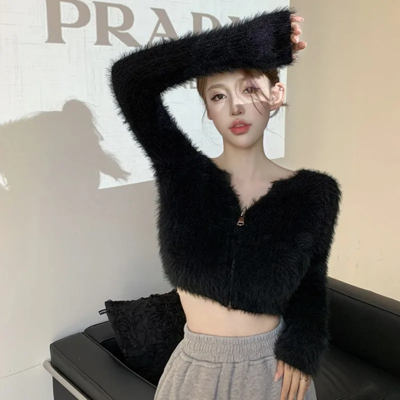 Winter Temperament Gentle Mink Coat Temperament Short Sweater Off Shoulder Zipper Plush Knitted Cardigan Tops