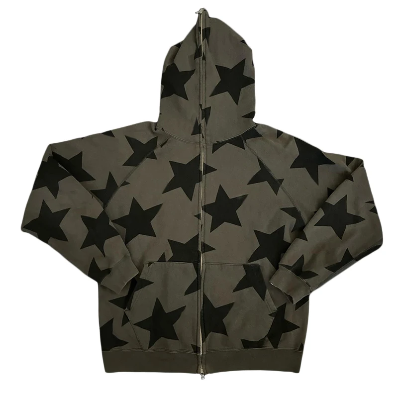 Autumn Spring Hooded Jacket Dark Academia Star Print Zip Up Baggy Sweatshirt Y2K Aesthetic Grunge Oversized Coat Streetwear