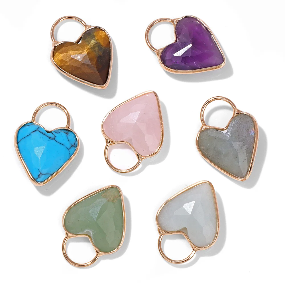 2pcs 18x25MM Labradorite Amethysts Quartz Crystal Stone Heart Lock Pendants for Earring Necklace Bracelet Earring Jewelry Making