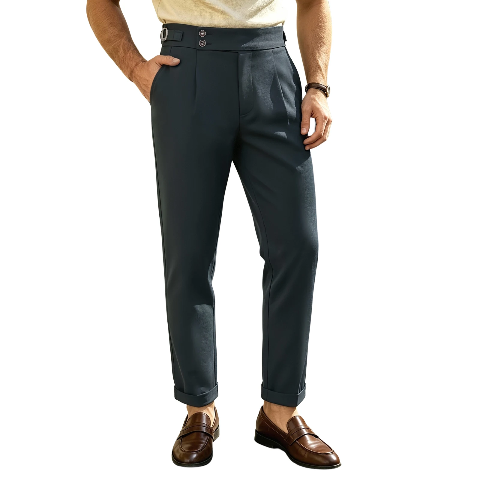 Men Gurkha Waist Pleated Suit Trousers Adjustable Side Buckle Cuffed Ankle Business Casual Straight Cropped Dress Pants