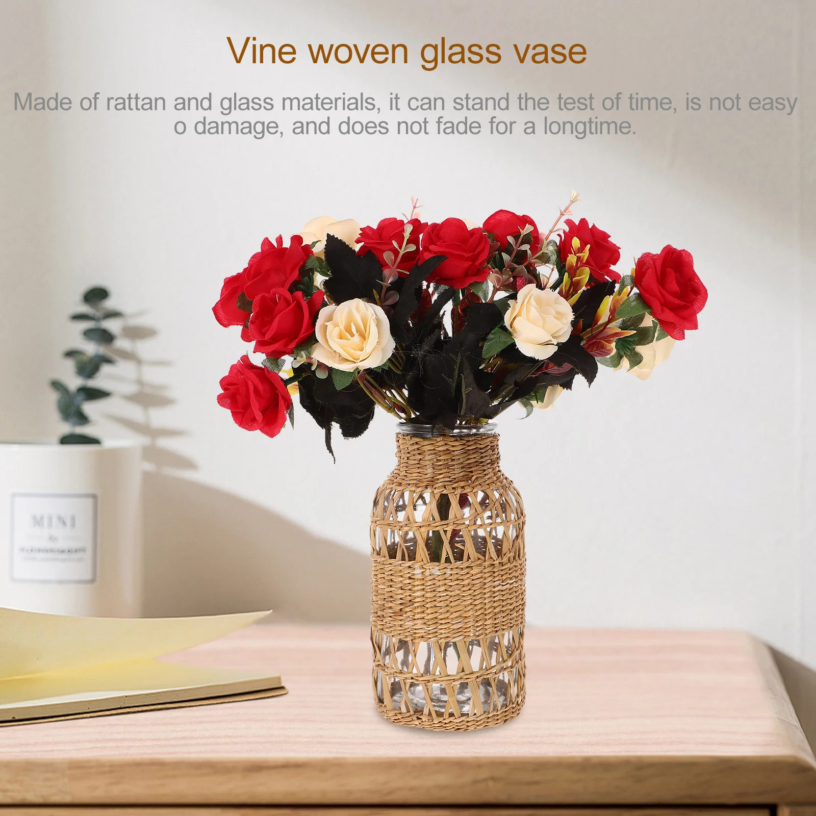 

Rattan Glass Vase Vintage Woven Design Decorative Vase Home Office Desktop Flowerpot Dried Flower Container