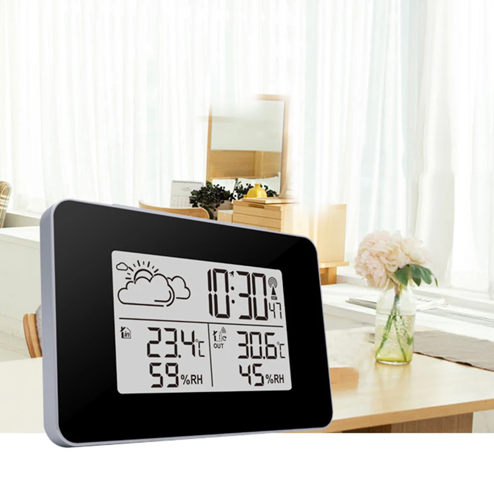 

Temperature Humidity Clock Black Multi-Function Weather Electronic Alarm Indoor Outdoor Display Perpetual Calendar