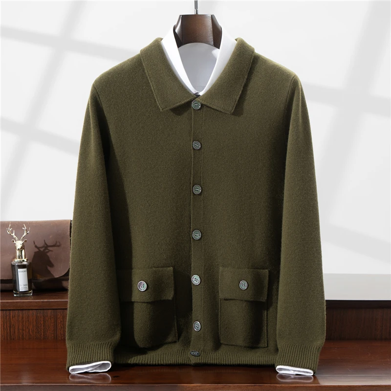 Men's 100% Wool Cardigan Autumn Winter Chinese Style Stand Collar Button Sweater Jacket National Fashion Knitted Shirt